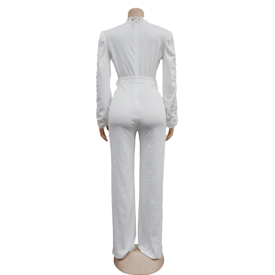 Elegant Hollow Out Turtleneck Long Sleeve Slim Fit Jumpsuit with Belt High Quality