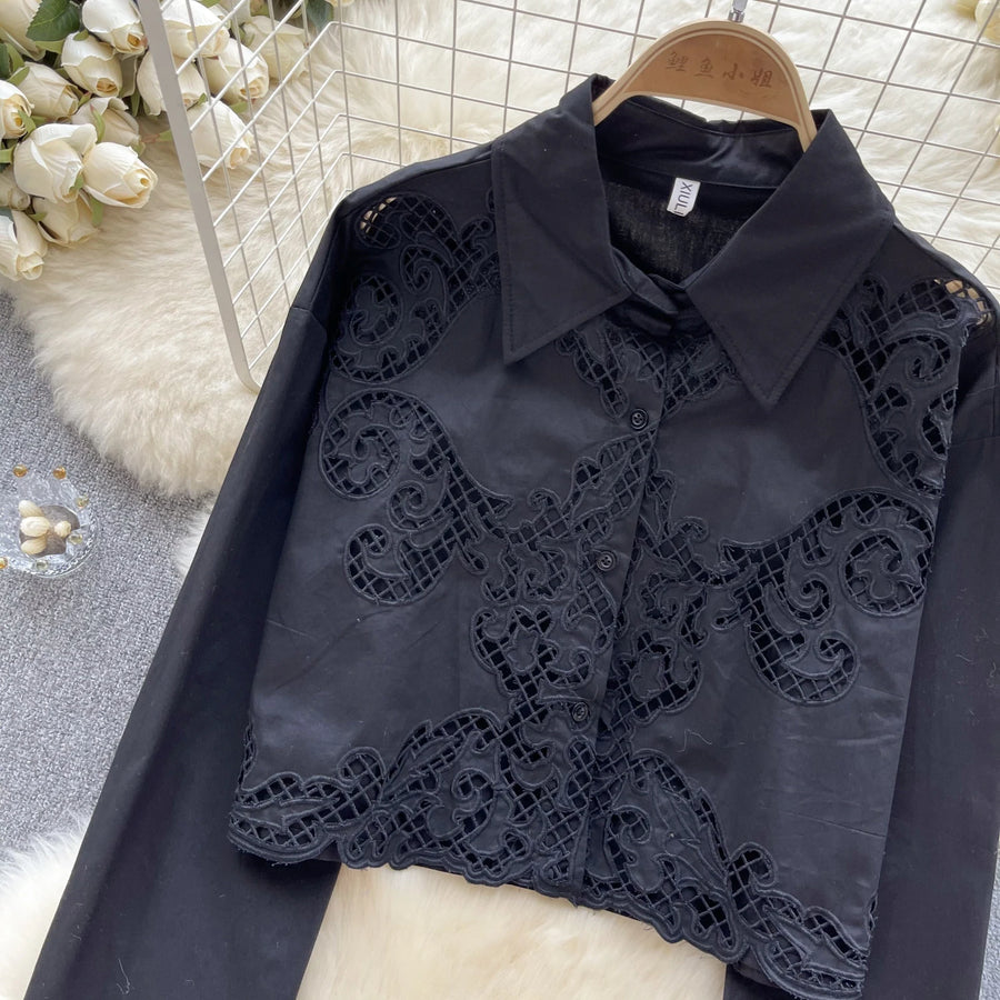 High quality long sleeve flower openwork design striped shirt
