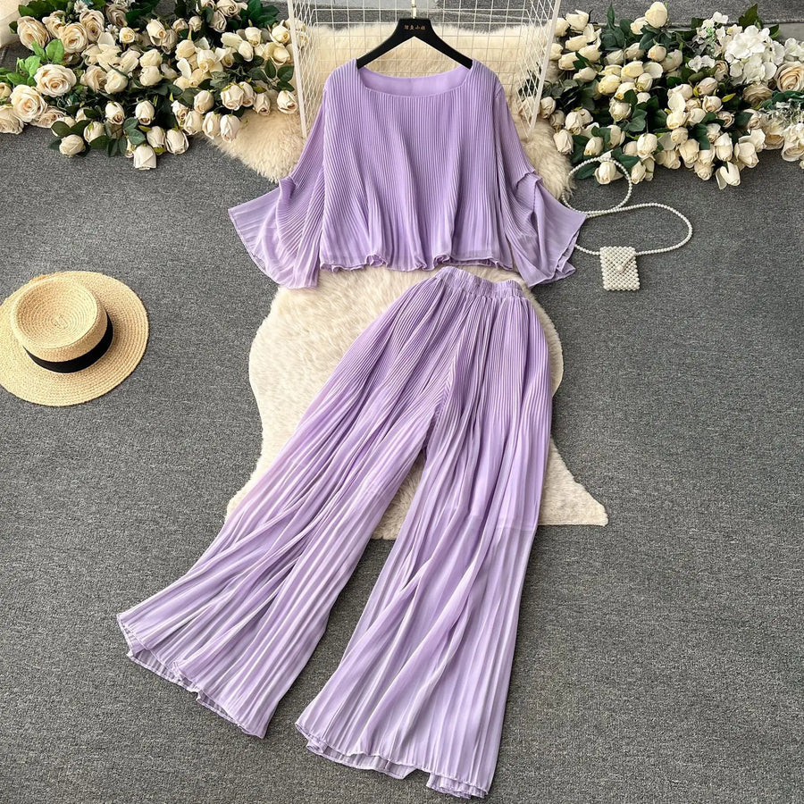 Casual Two Piece Set Loose Shirt+High Waist Straight Pants