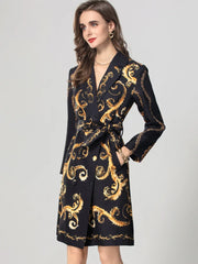 High quality vintage yellow flower print double breasted belt elegant coat.