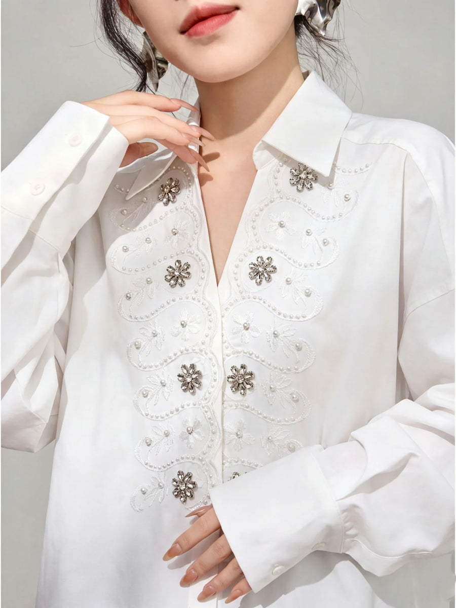 French Style Women White Shirt Heavy Beaded Embroidery Turn Down Collar Loose Casual Office Blouse Elegant Top