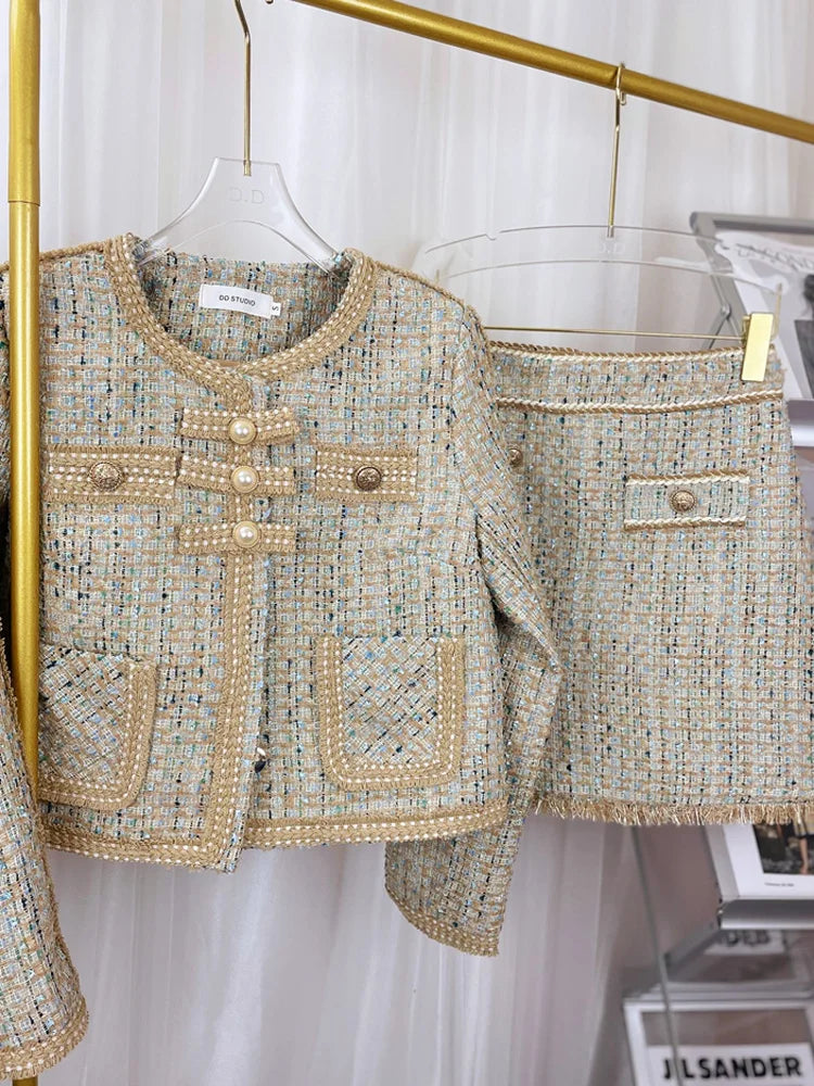Women Winter Elegant Vintage Tweed Fragrant Suit Jacke Coat Top And Skirt Two Piece Set Outfit Jacquard Formal Party Clothing