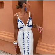 Women Sexy Flower Embroidered Split Sling Dress Chic Single Breasted Backless Sleeveless Long Dresses Lady Party Beach Robes