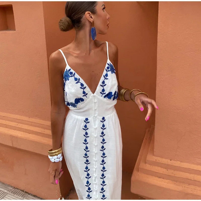 Women Sexy Flower Embroidered Split Sling Dress Chic Single Breasted Backless Sleeveless Long Dresses Lady Party Beach Robes