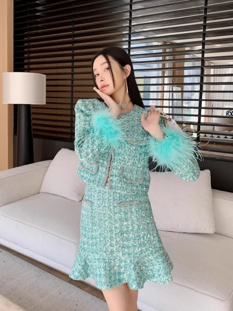 Shiny Diamonds Sequins Elegant Slim Fit Office Ladies Tweed Short Jacket High Waist A-Line Skirts Women Fashion Two Piece Set