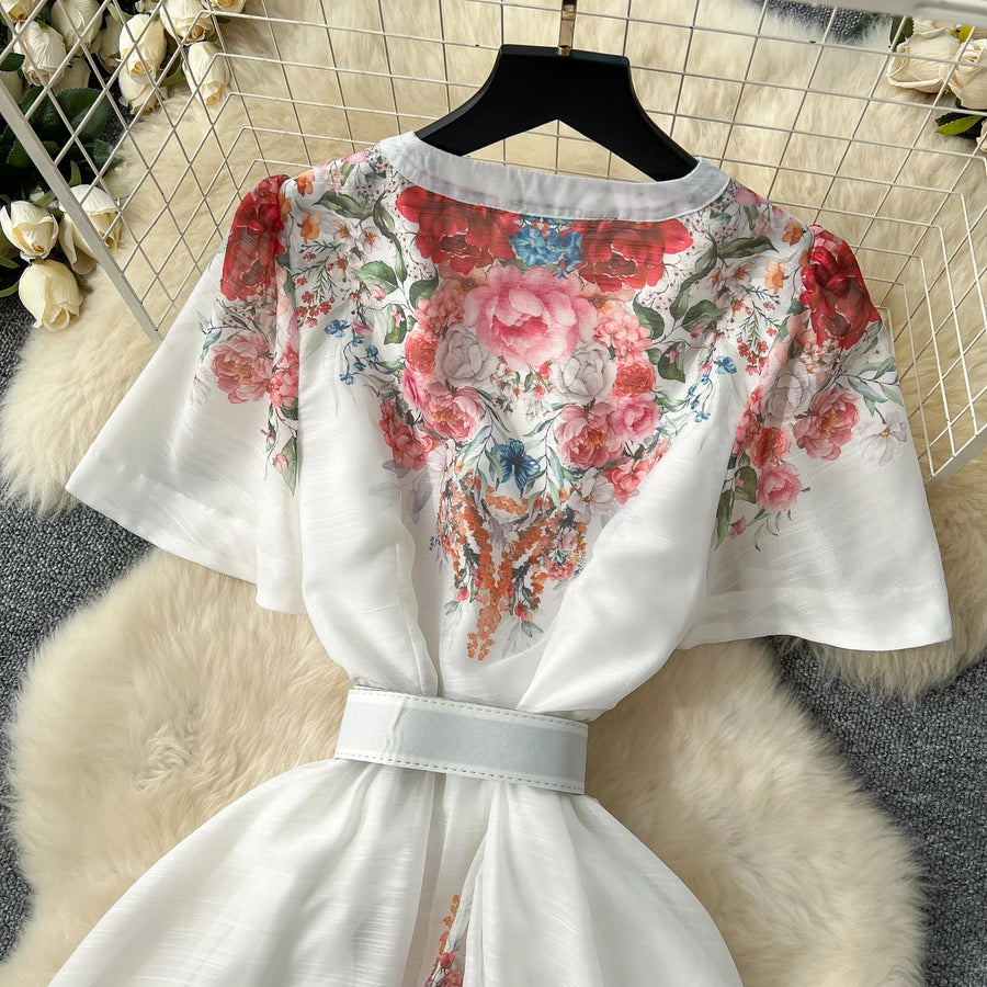 Elegant vintage V-neck button long floral evening dress high quality