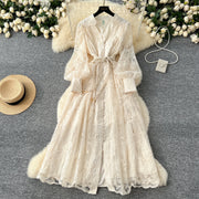 High-end vintage elegant V-neck long-sleeved dress