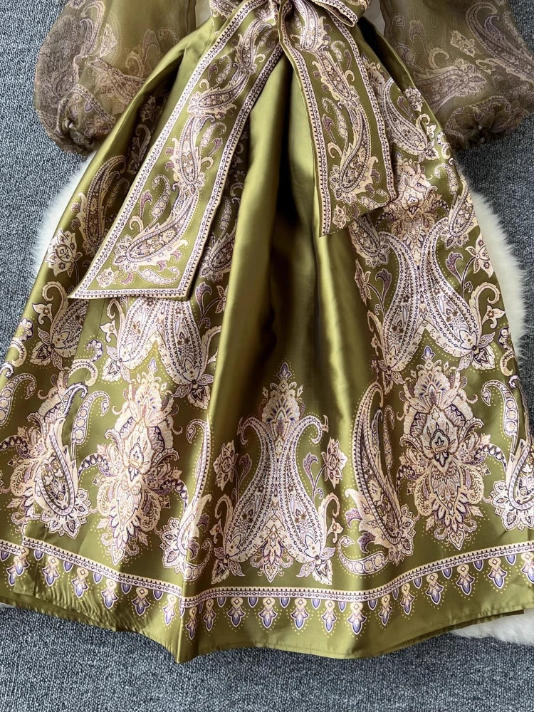 High-quality paisley print patchwork wrap puff sleeve maxi party dress