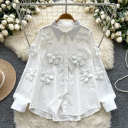 High-quality vintage high-neck loose blouse, elegant, long-sleeved, three-dimensional floral print