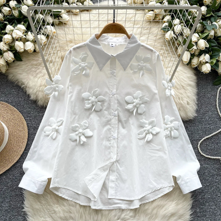 High-quality vintage high-neck loose blouse, elegant, long-sleeved, three-dimensional floral print