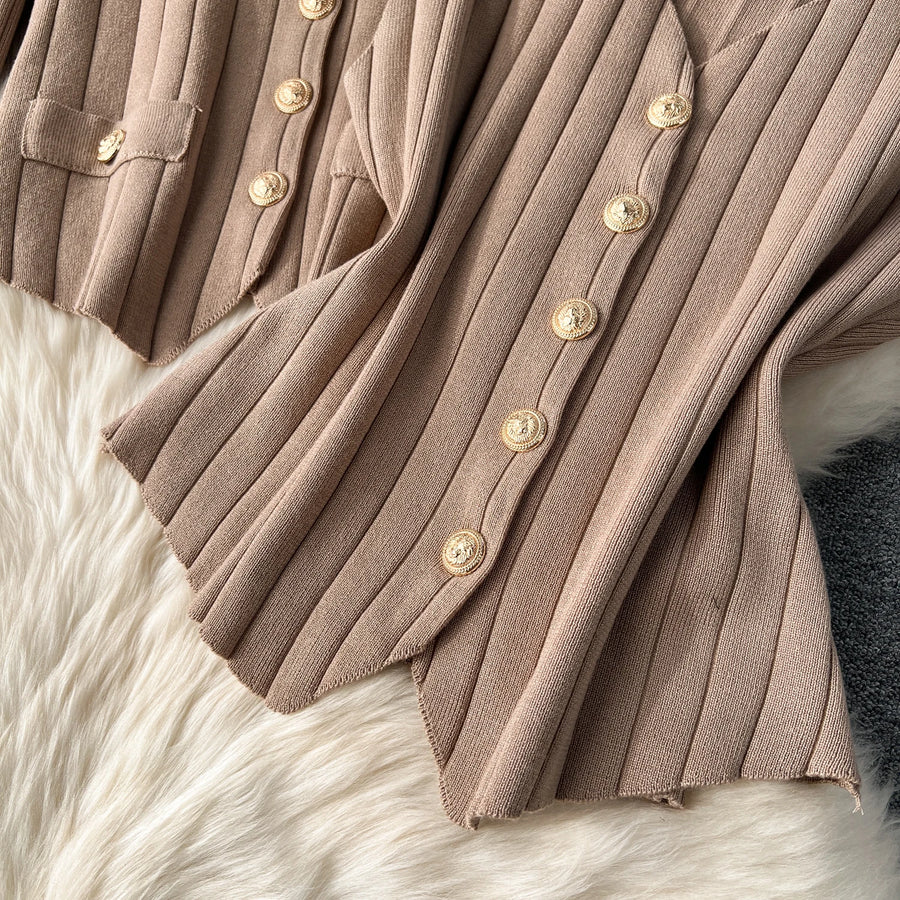 Senior Knitted Suits Fashion Metal Button Vest+V Neck Long Sleeves Cardigans+Wide Legs Pants Stripe Three Pieces Sets