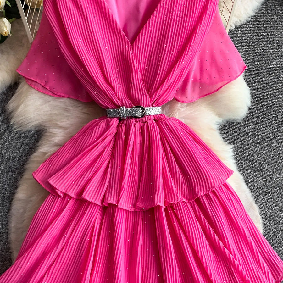 Women Long Dress Cake Dresses A Line Vestidos  Streetwear V Neck Short Sleeve Elegant Party Work Slim Fit Casual Summer