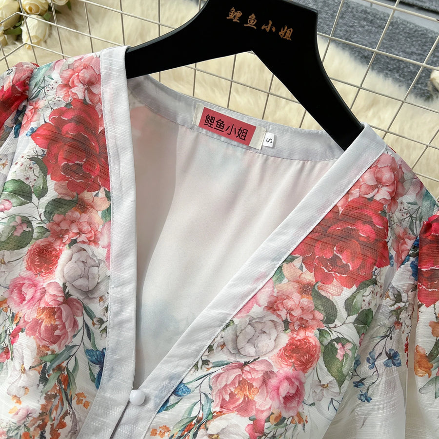 Elegant vintage V-neck button long floral evening dress high quality