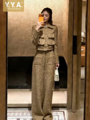 Casual Ladies Work Tweed Multi Pockets Single Breasted Long Sleeves Coat Two Piece Set Elegant Female Straight Long Pant Sets