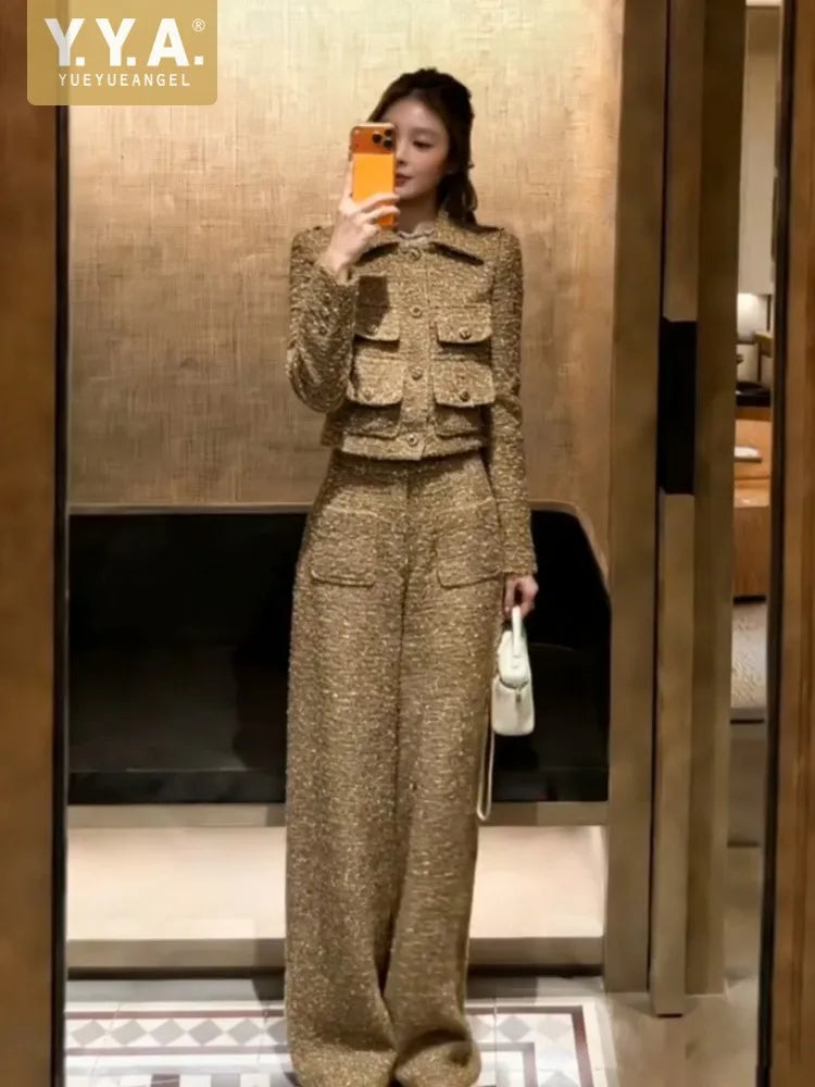 Casual Ladies Work Tweed Multi Pockets Single Breasted Long Sleeves Coat Two Piece Set Elegant Female Straight Long Pant Sets