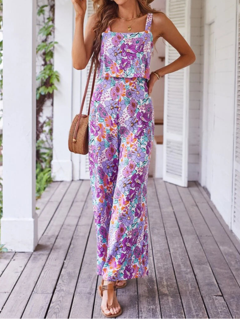 High Quality Sleeveless Casual Floral Backless Wide Leg Elegant Long Jumpsuit