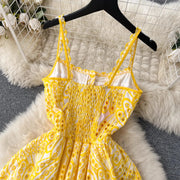 Quality Spaghetti Straps Ruffles Backless Sexy Hollow Out Embroidery Dress