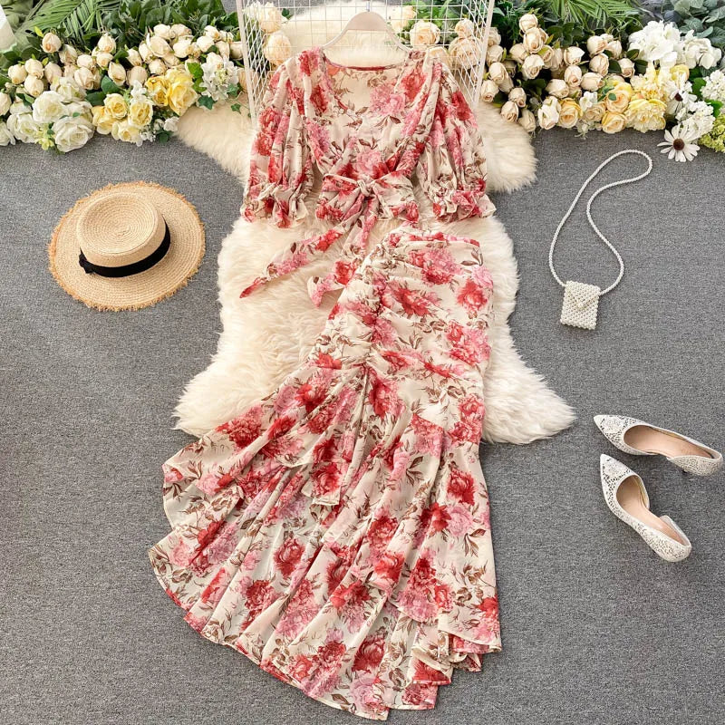 Sexy Two Pieces Sets Chic Bandage chiffon Shirt Top with sweet High Waist mermaid Skirt Beach Vacation Sets