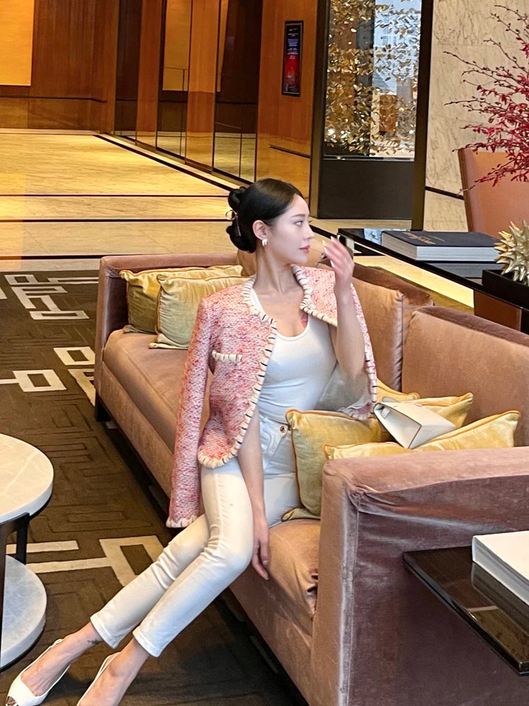 Spring New Women Slim Fit Spliced Tweed Jacket French Style Office Lady Work Outwear Coat O Neck Pockets Crystal Buttons Jacket