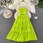 High Quality Solid Color High Waist Flared Spaghetti Strap Sleeveless Dresses