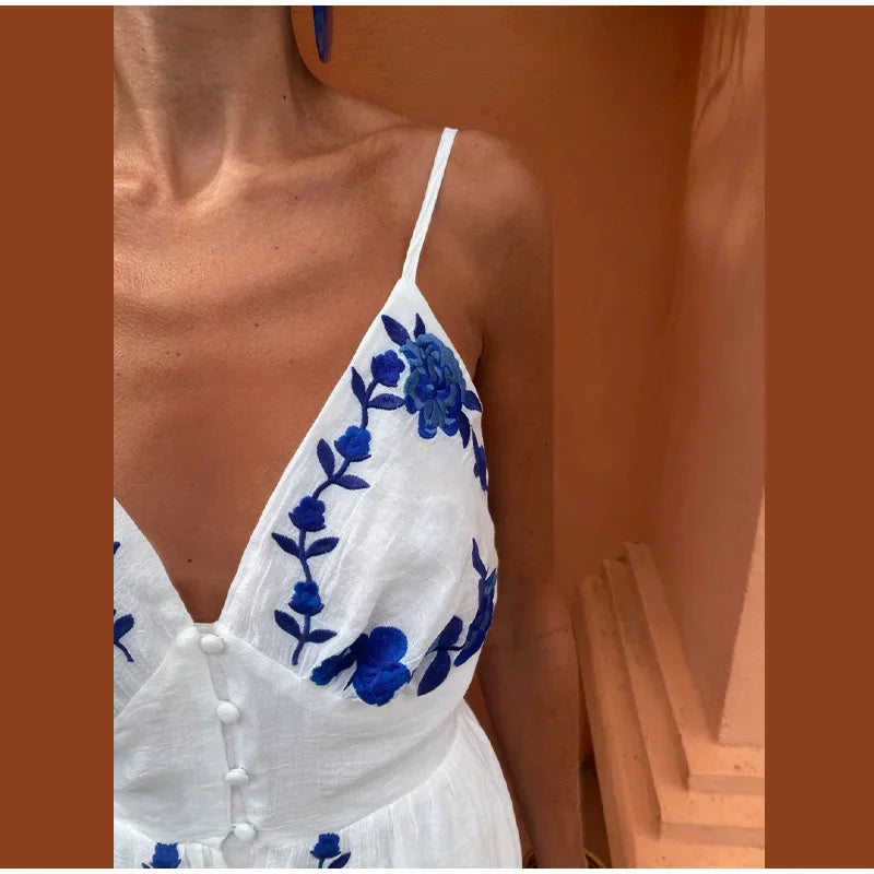 Women Sexy Flower Embroidered Split Sling Dress Chic Single Breasted Backless Sleeveless Long Dresses Lady Party Beach Robes