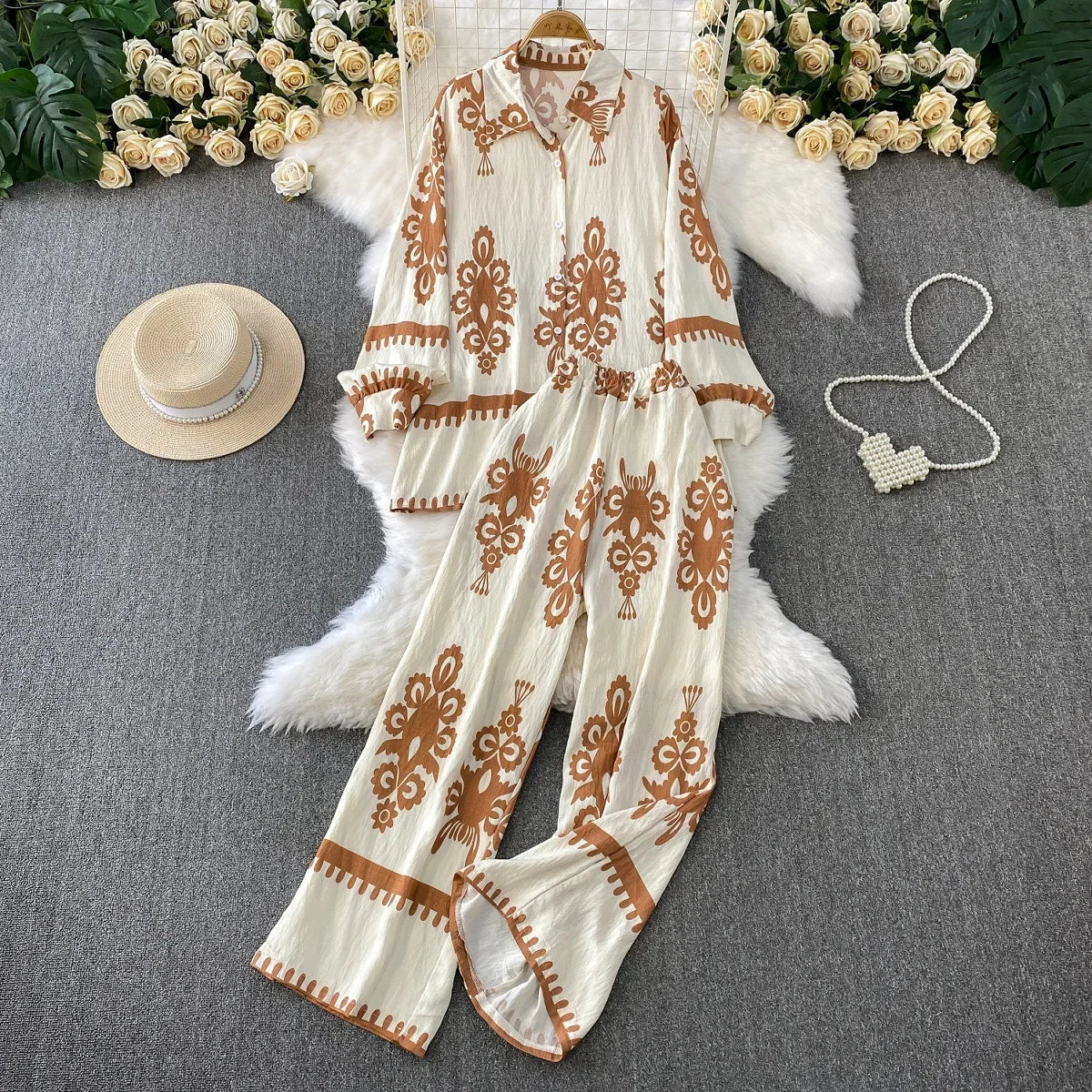 Women Two Piece Skirt Sets Shirt Muslim Suits Shirt Tops Full Sleeve Solid Wide Leg Pant Long Elegant Elastic Waist Summer 2025