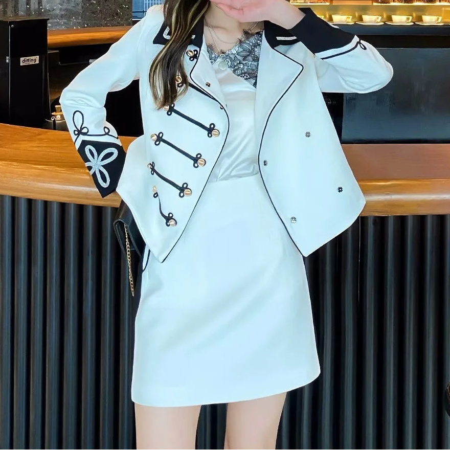 British Style Office Ladies White Suit Jacket Skirt Two Piece Set Slim Fit New Designer Jacket A-Line Skirt Women Matching Set