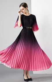 High Quality Vintage Oversized Loose Gradient Belt Lace Up O Neck Pleated Long Dress