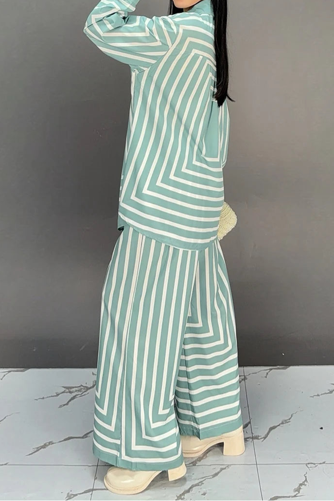 High quality striped long sleeve top+loose pants two piece set