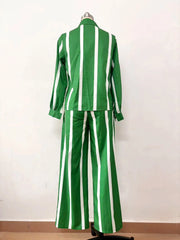 High Quality Striped Long Sleeve Button Wide Leg Pants Two Piece Set