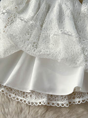 Vintage Flowers Embroidered Hollow Out Lace Dress High Neck Long Lantern Sleeve High Quality Pearl Buttons