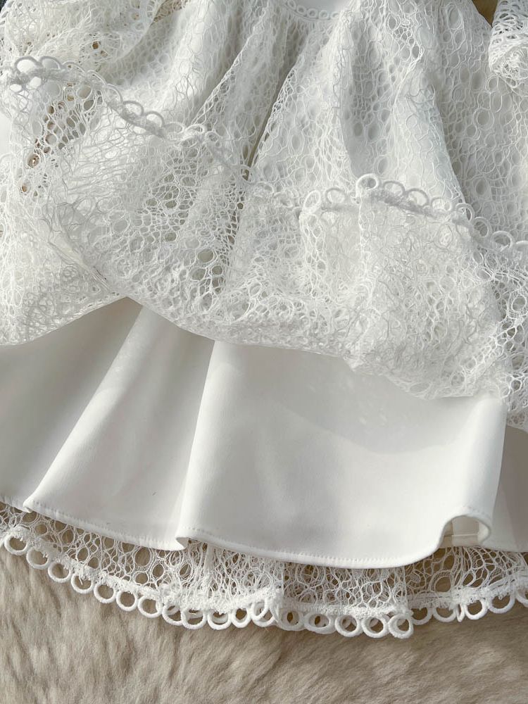 Vintage Flowers Embroidered Hollow Out Lace Dress High Neck Long Lantern Sleeve High Quality Pearl Buttons