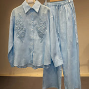 Spring Summer Women Embroidered Linen Sets Loose Fit Long Sleeve Shirt Outfits Elastic Waist Wide Leg Floor Pants Two Piece Set