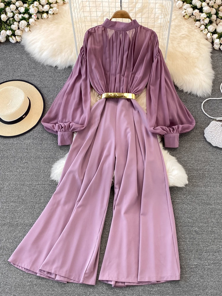 High Quality Wide Leg Lantern Sleeve Stand Collar Pleated Jumpsuit