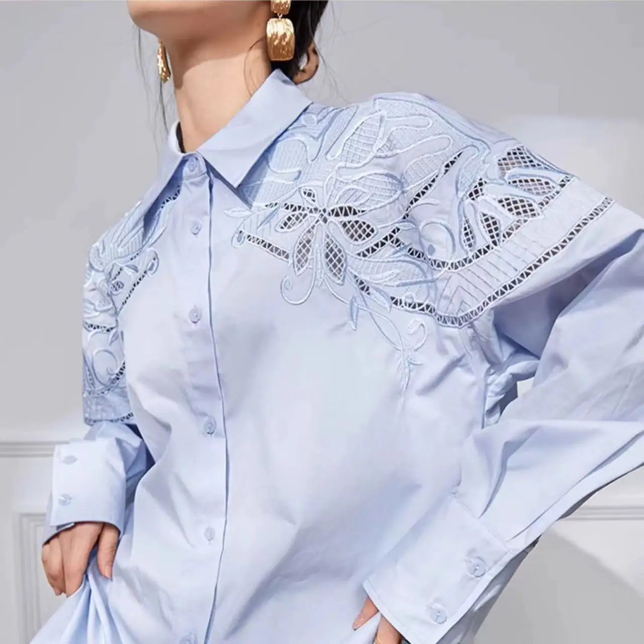 High quality mid-length flower openwork embroidery cotton shirt