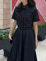 Elegant Two Piece Sets Lapel Short Sleeve Blouses High Waist Pleated Skirts