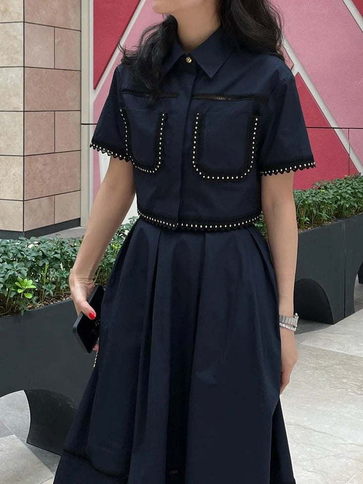 Elegant Two Piece Sets Lapel Short Sleeve Blouses High Waist Pleated Skirts