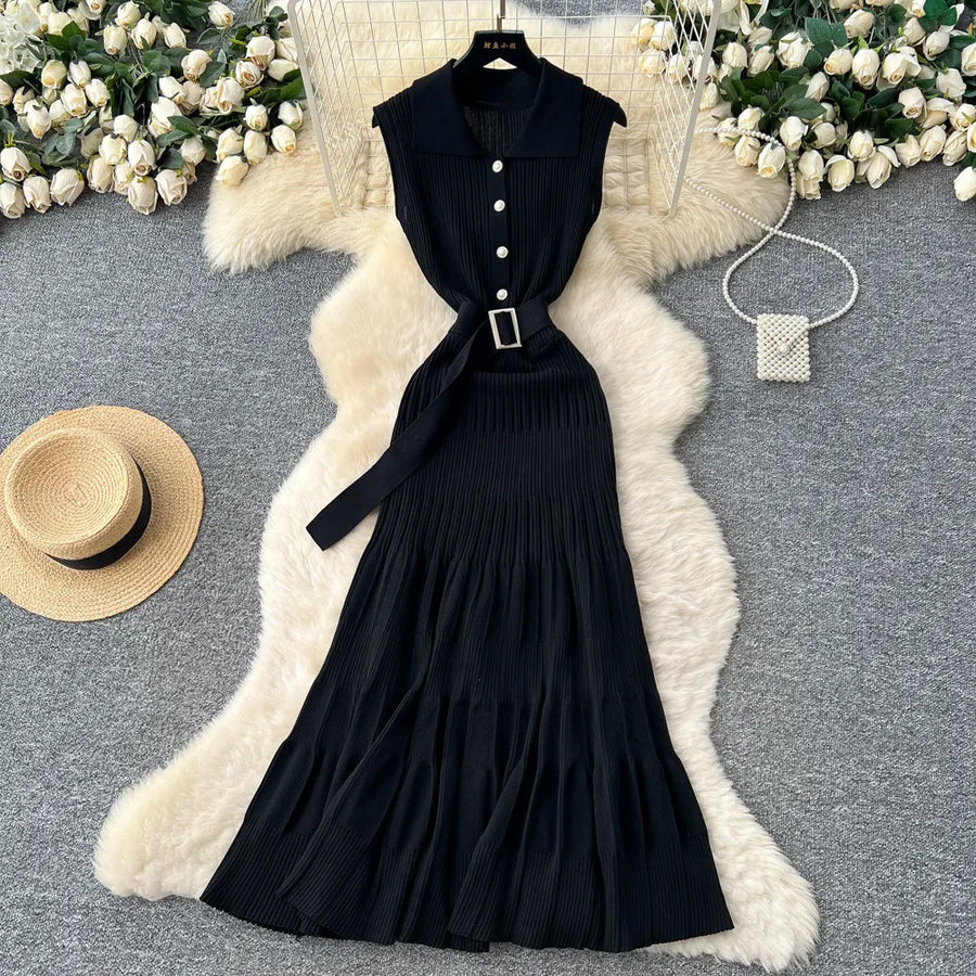 Ribbed Knit Dress Sleeveless Lapel Belt French Ins Chic Spring Summer Celebrity Style Feminine A-line Long Dress