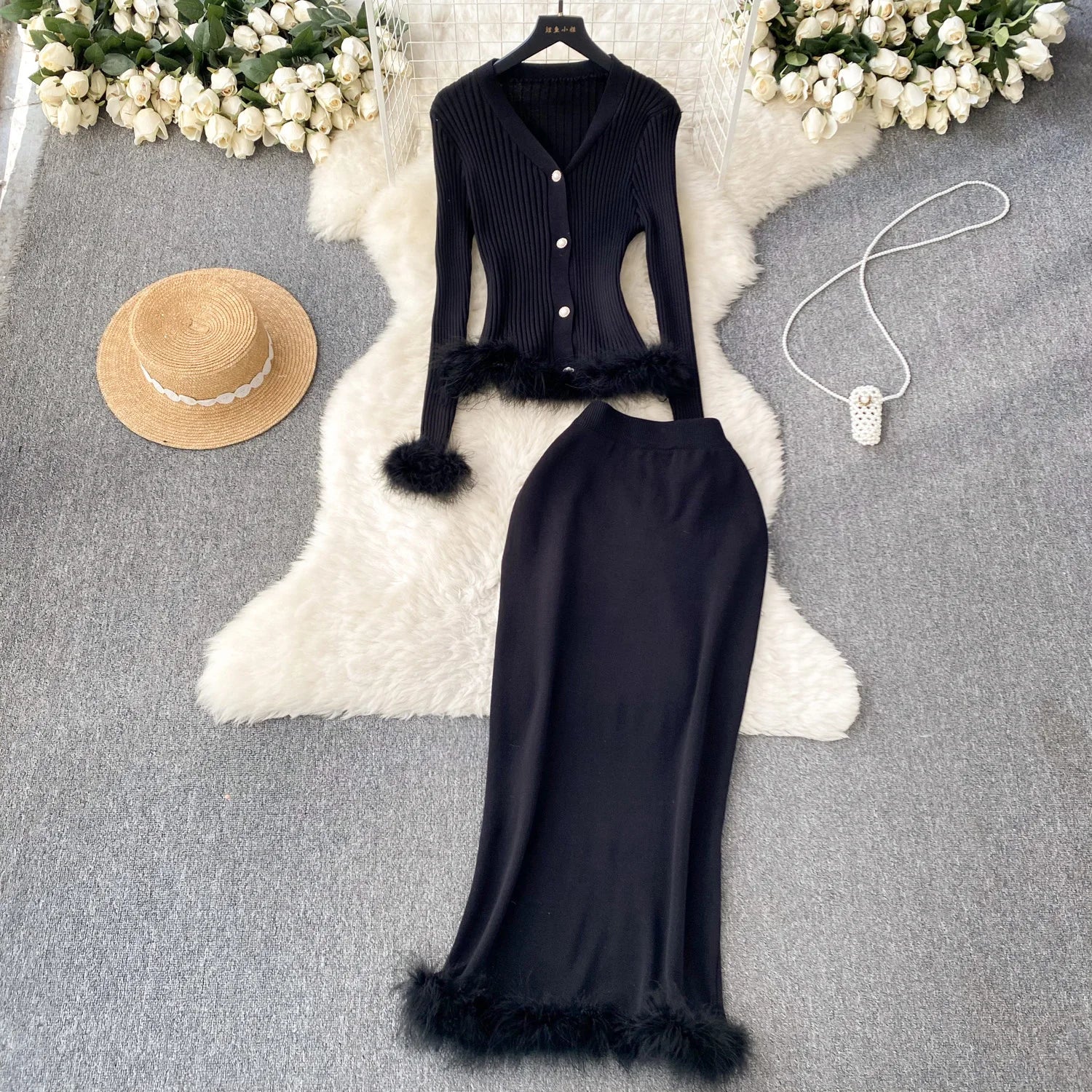 Basic Sets V-Neck Button-Down Knitted Blouse + High Quality Elastic Waist Bodycon Skirt