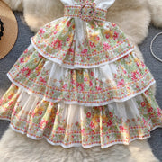 High Quality Belted Floral Print V Neck Sleeveless Dress