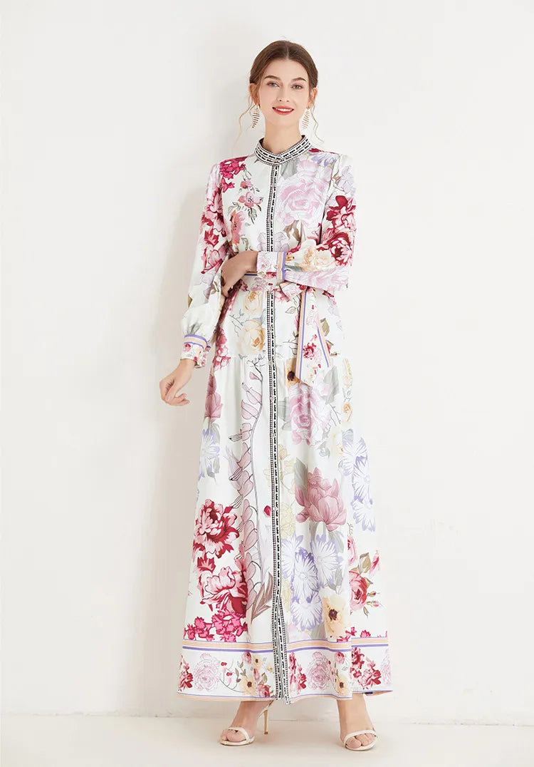 High-neck floral long dresses with high-quality bows