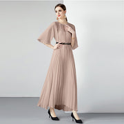 High Quality Printed Round Neck Lace Up Belt Maxi Pleated Long Dress