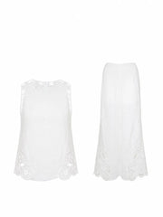 Female New High Waist Linen Sets Thin Pant Outfits O-Neck Elegant Sleeveless Tops Hollow-Out Embroidery Women Two-Piece Vest Set
