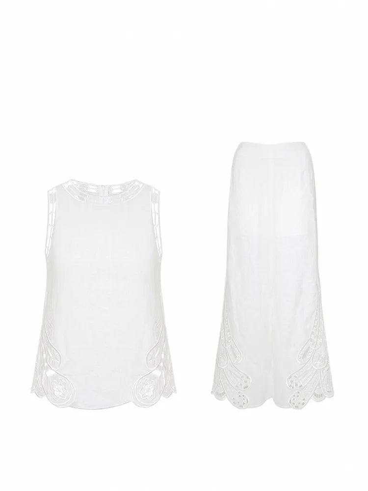 Female New High Waist Linen Sets Thin Pant Outfits O-Neck Elegant Sleeveless Tops Hollow-Out Embroidery Women Two-Piece Vest Set