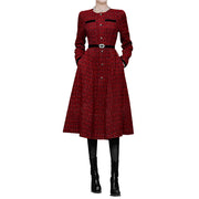 High quality slim fit long sleeve round neck belted tweed luxury dress
