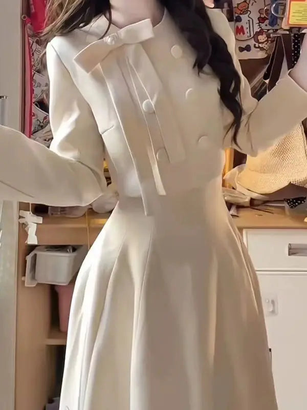 Two-piece set: jacket with waist tie and high-quality fine midi skirt