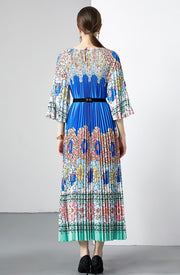 High Quality Pleated Round Neck Lace Up Belt Loose Printed Maxi Long Dress