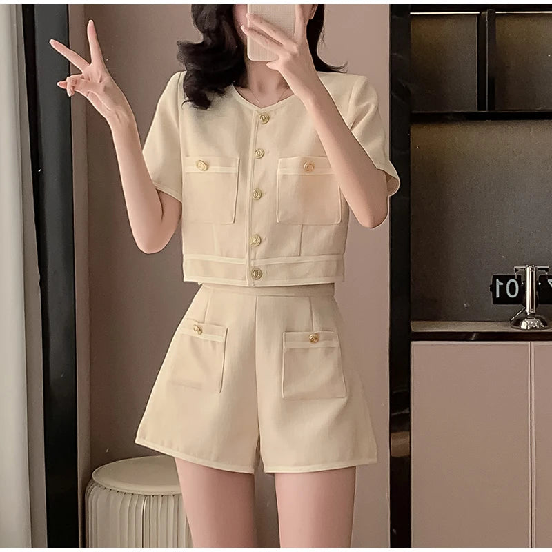 Two 2 Piece Shorts Sets Women Tweed Shorts Suits Office Ladies Single-Breasted Short Sleeve Jacket Coat High Waist Shorts S-XL