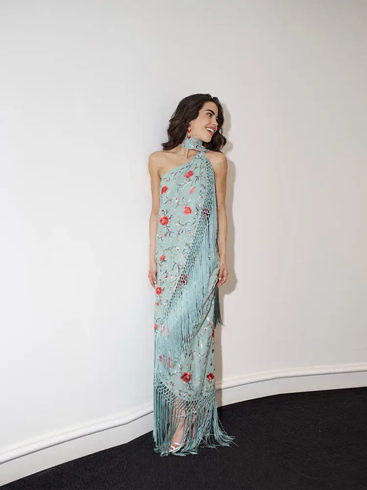 Print Tassels One-piece Long Dress Women Elegant Scarf Collar Sleeveless Backless Slim Party Dresses New Fashion Ladies Vestidos