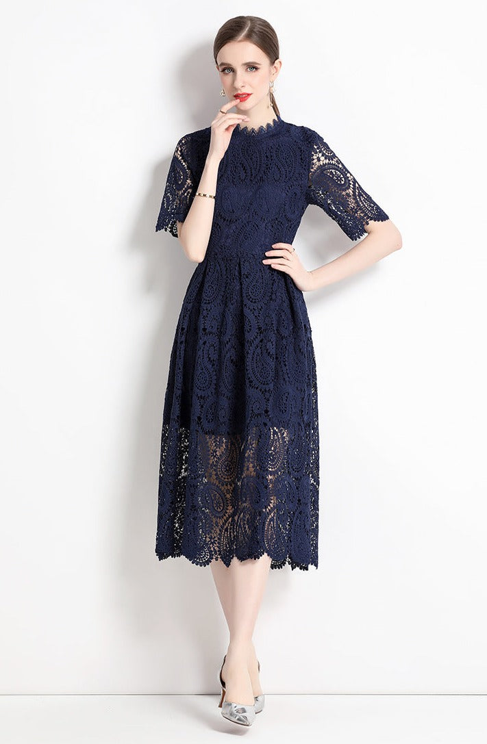 High Quality Hollow Out Short Sleeve Vintage Solid Midi Length Embroidery Lace Elegant Dresses
